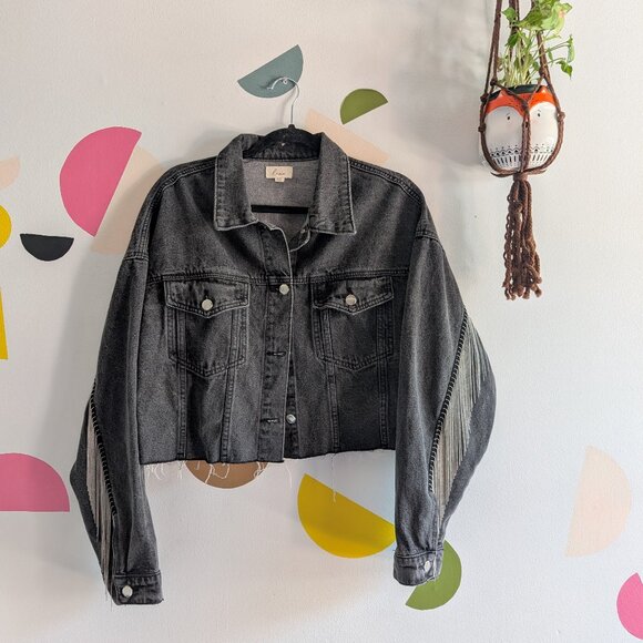 Crop Denim Jacket with Shot Bead Fringe - Picture 2 of 4